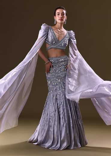 Ice Blue Mermaid Lehenga And Blouse With Long Wing Sleeves