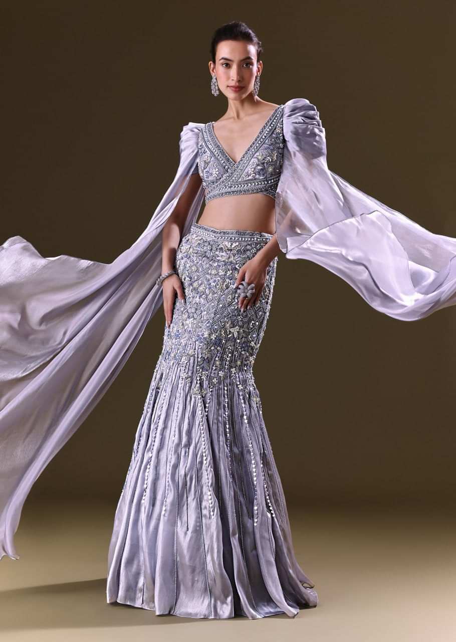 Ice Blue Mermaid Lehenga And Blouse With Long Wing Sleeves