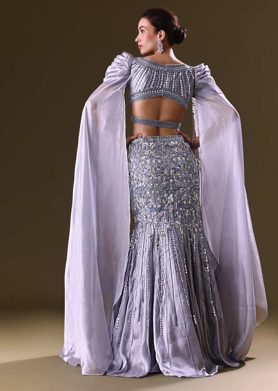 Ice Blue Mermaid Lehenga And Blouse With Long Wing Sleeves