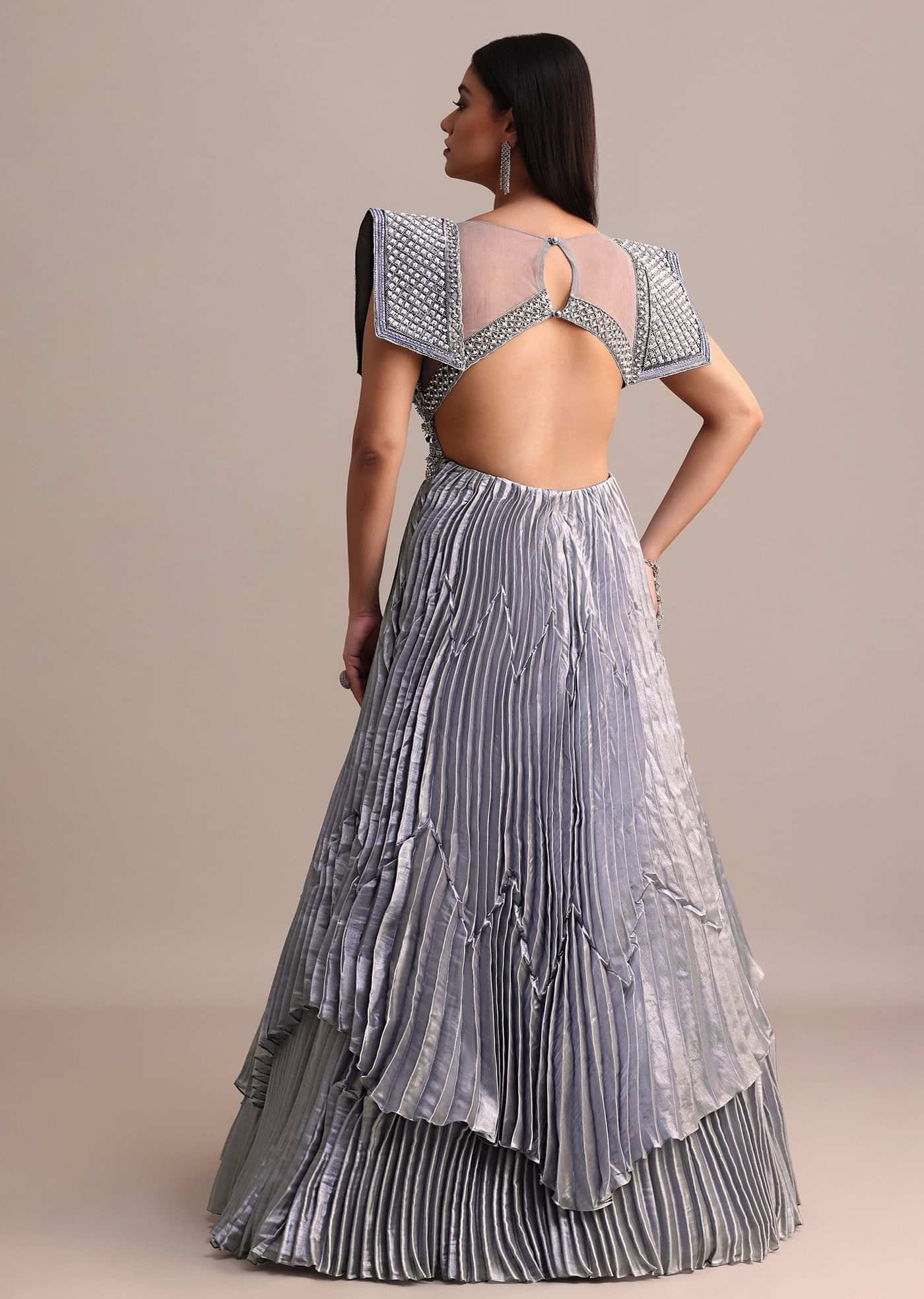 Ice Blue Organza Double Layered Circular Pleated Gown With Fancy Sleeves