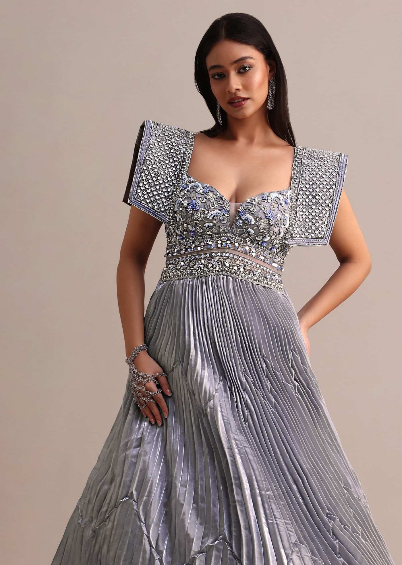 Ice Blue Organza Double Layered Circular Pleated Gown With Fancy Sleeves