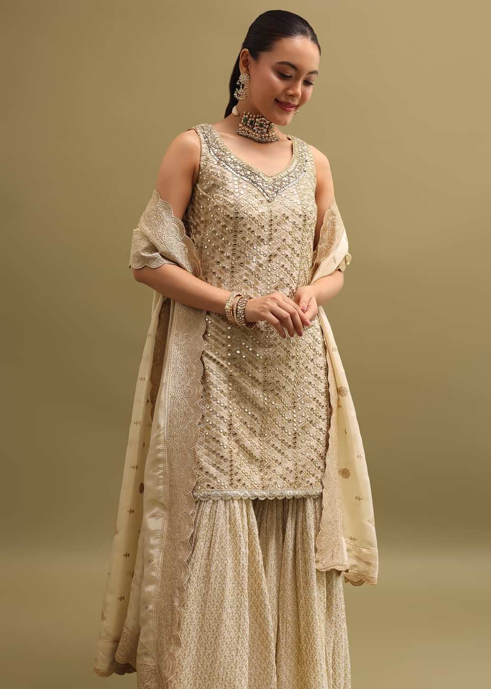 Ivory Embroidered Georgette Kurta Sharara Set