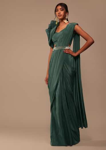 Jade Green Saree With Fancy One Side Flowered Shape Sleeve And Belt