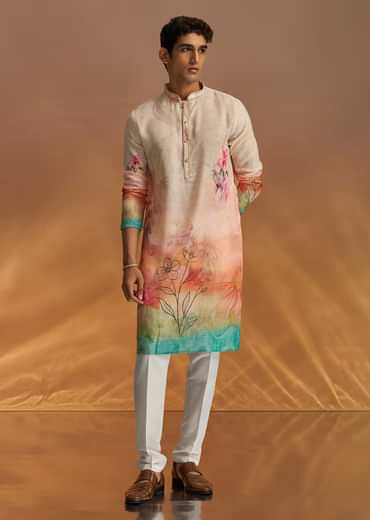 Fawn Linen Ombre Kurta Set With Floral Print