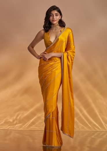 Yellow Chinon Saree With Cutdana Embroidery