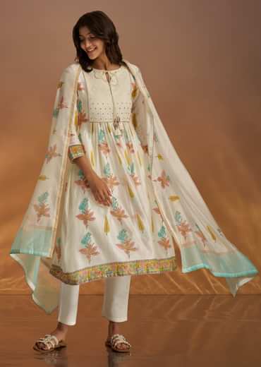 Off White Block Print Anarkali And Dupatta Set With Gotta Lace Detailing