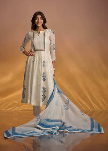 Off White Block Print Anarkali With Zardosi Yoke And Block Print Dupatta