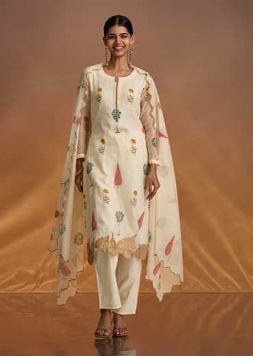 Off White Block Print Kurta And Dupatta Set In Mull Chanderi