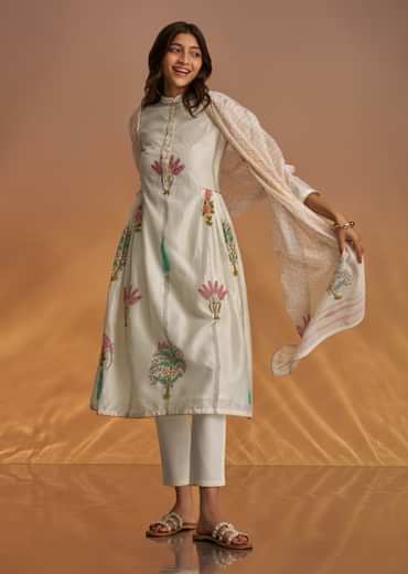 Off White Block Print Anarkali With Gotta Lace Neckline And Dupatta
