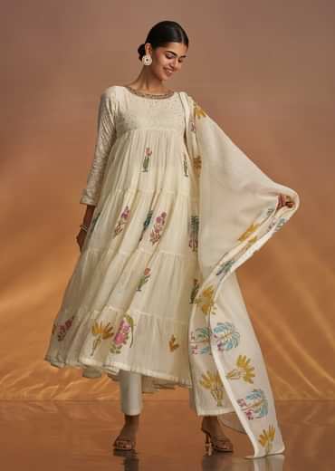 Off White Block Print Anarkali Set With Block Print Dupatta