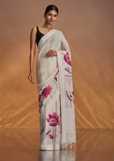 Off White Cotton Linen Saree With Artistic Floral Print