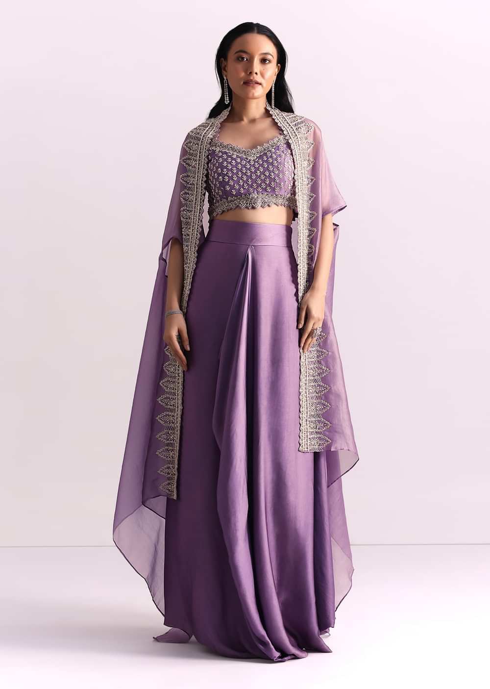 Lavendar Embroidered Crop Top And Sequin Work Jacket With Draped Skirt