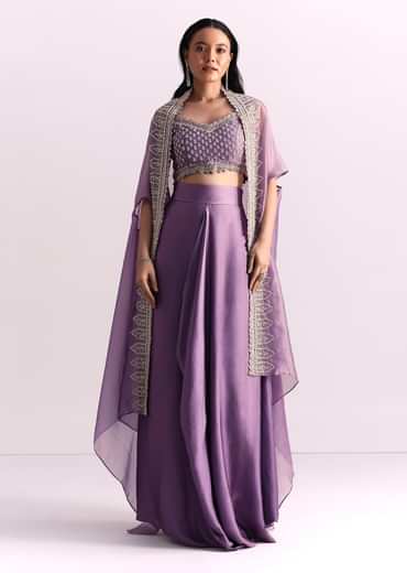 Lavendar Embroidered Crop Top And Sequin Work Jacket With Draped Skirt