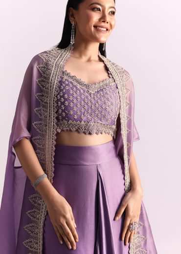 Lavendar Embroidered Crop Top And Sequin Work Jacket With Draped Skirt