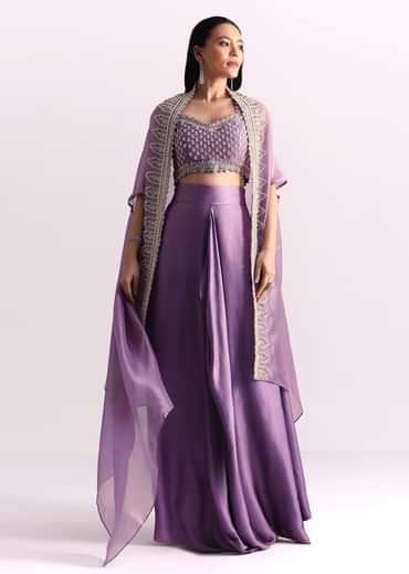 Lavendar Embroidered Crop Top And Sequin Work Jacket With Draped Skirt