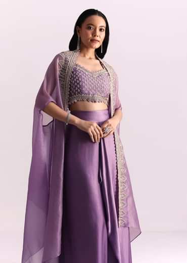 Lavendar Embroidered Crop Top And Sequin Work Jacket With Draped Skirt