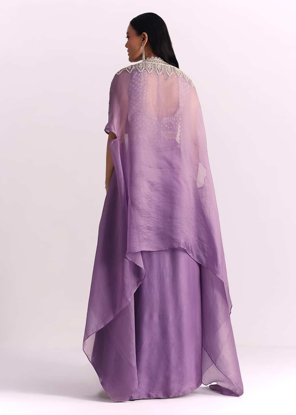 Lavendar Embroidered Crop Top And Sequin Work Jacket With Draped Skirt