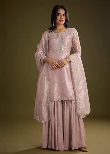 Lavender Tissue Cut Dana Beads Kurta Set With Embroidered Dupatta