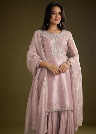 Lavender Tissue Cut Dana Beads Kurta Set With Embroidered Dupatta