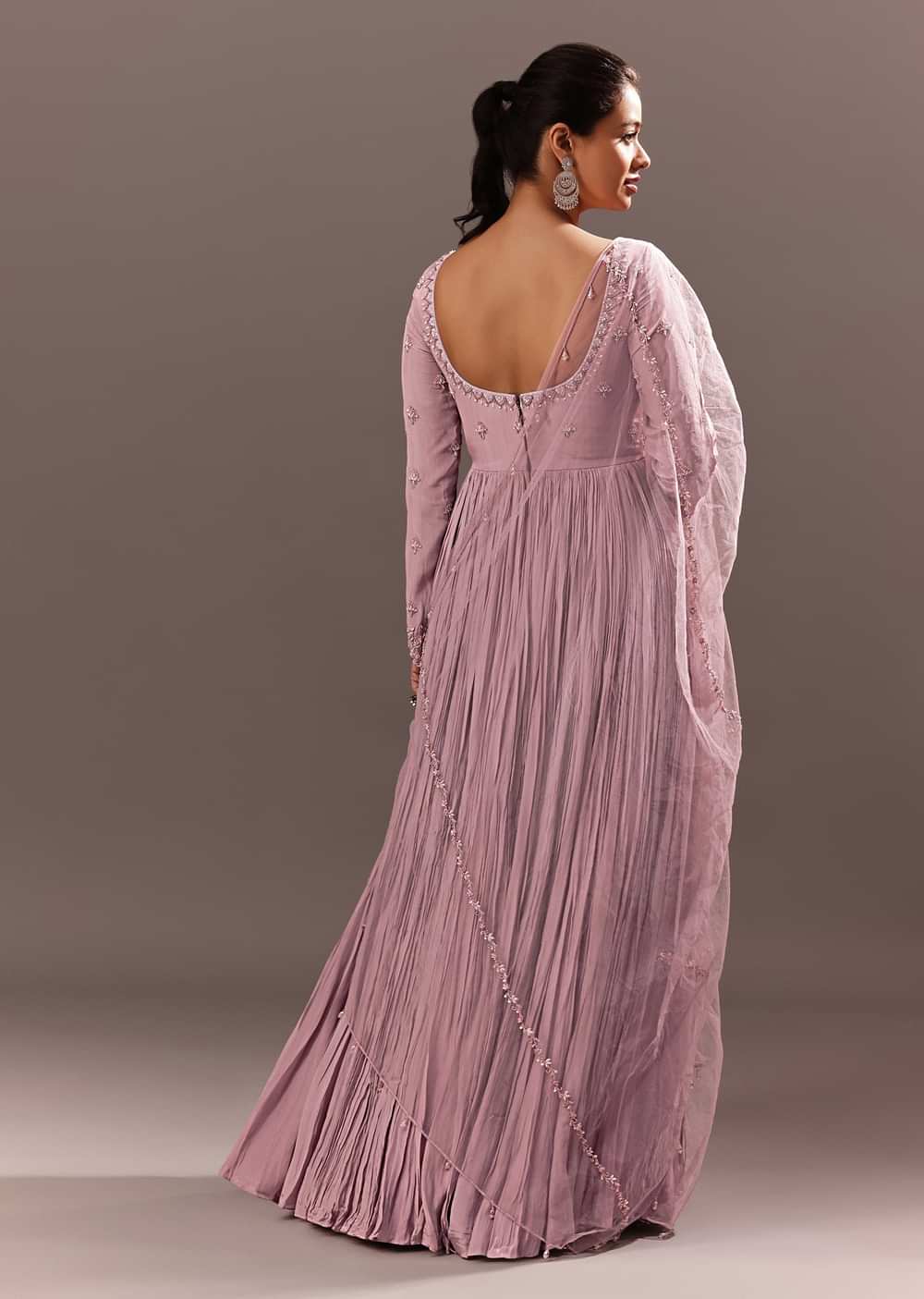 Lavender Embroidered Anarkali Suit With Organza Dupatta