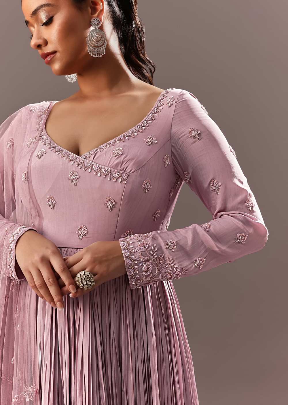 Lavender Embroidered Anarkali Suit With Organza Dupatta