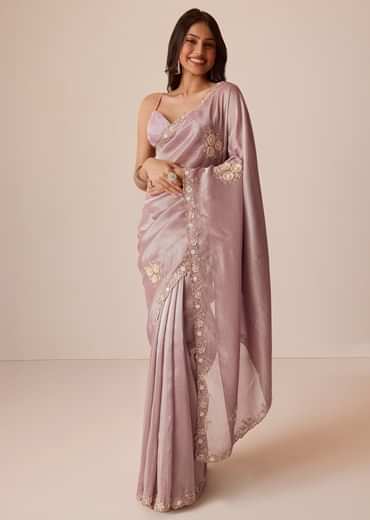 Light Purple Tissue Saree With Floral Embroidery