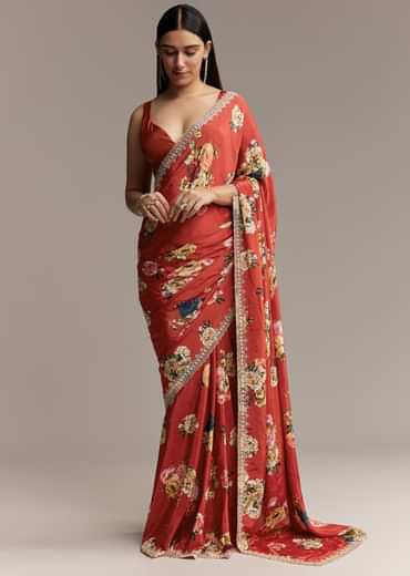Maroon Crepe Saree With Multicolor Floral Print And Embellished Border
