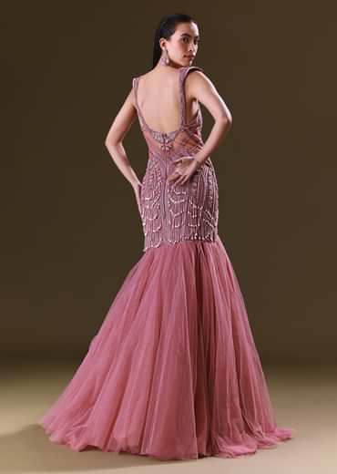 Mauve Mermaid Fit Gown With Tassel Detailing And Gathering At Bottom