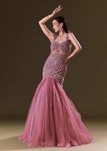 Mauve Mermaid Fit Gown With Tassel Detailing And Gathering At Bottom