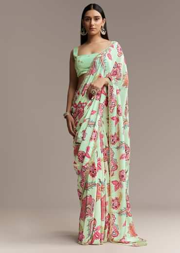 Mint Green Floral Crepe Saree With Scallop Border