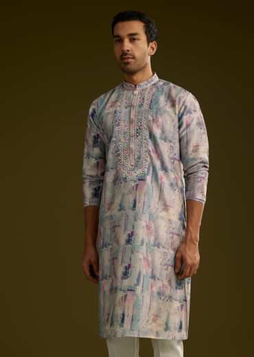 Multi Colored Silk Kurta Set With Abstract Print