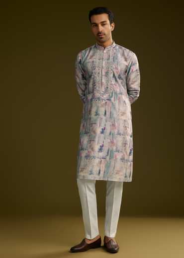 Multi Colored Silk Kurta Set With Abstract Print