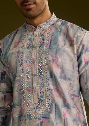 Multi Colored Silk Kurta Set With Abstract Print