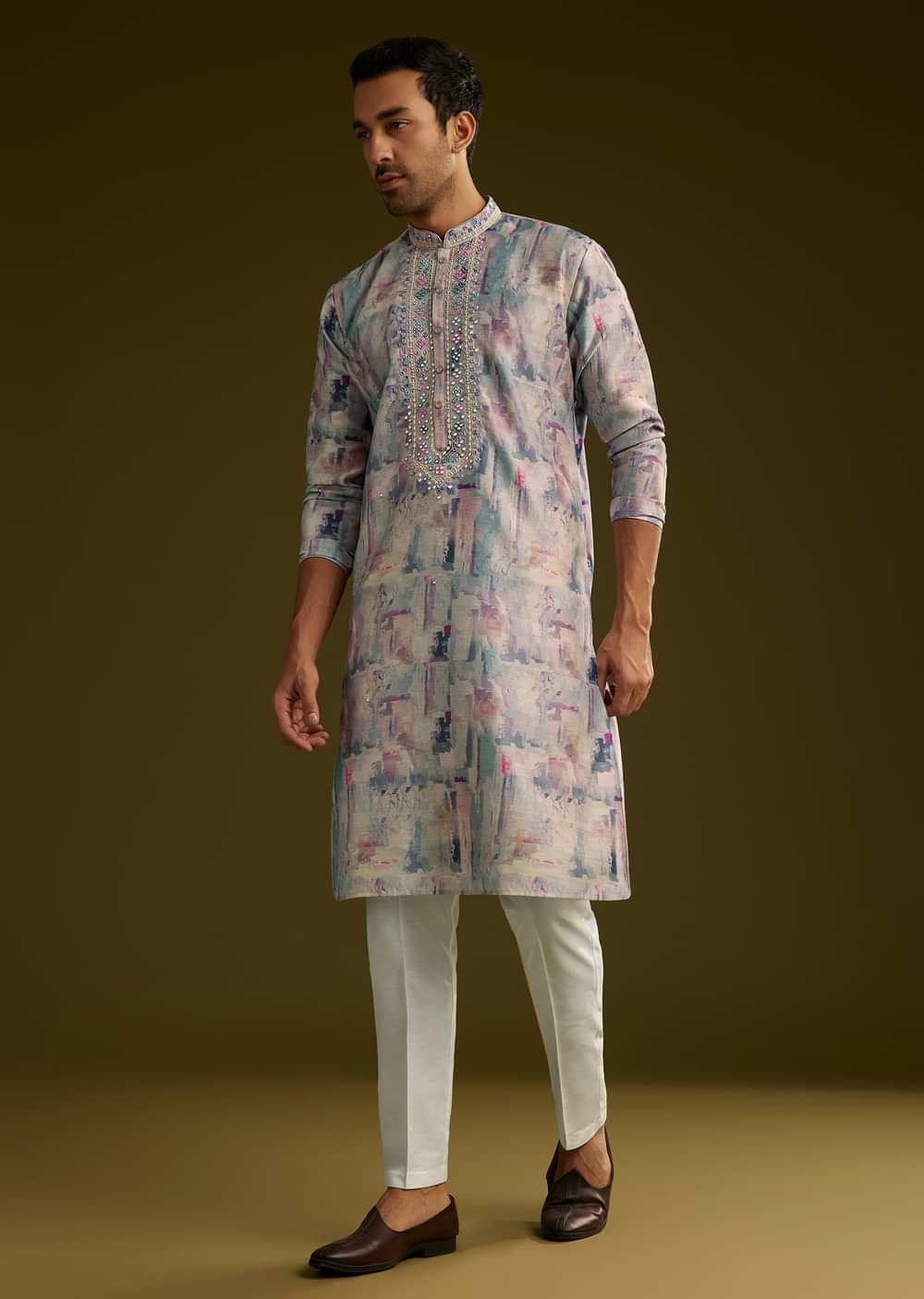 Multi Colored Silk Kurta Set With Abstract Print