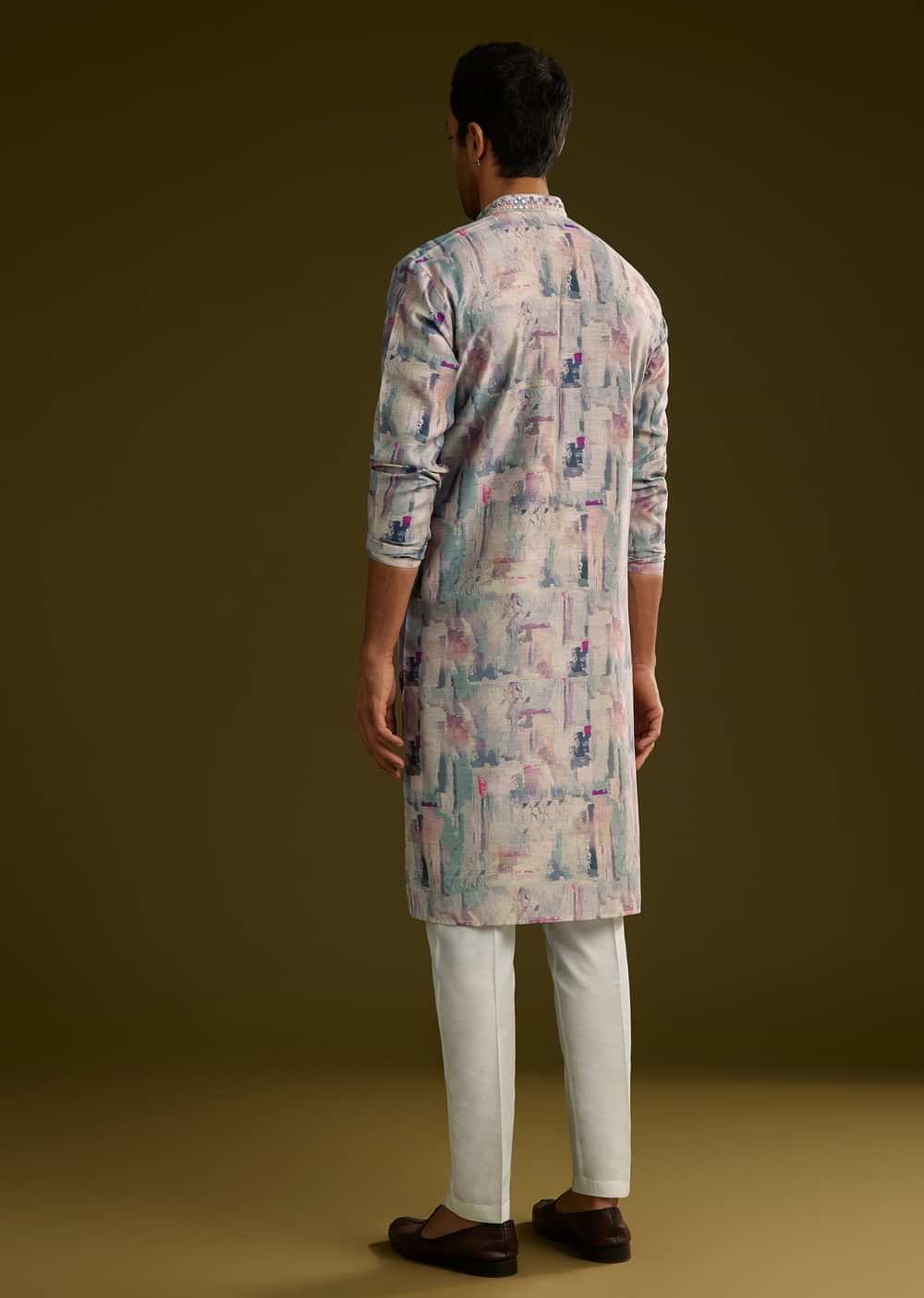 Multi Colored Silk Kurta Set With Abstract Print