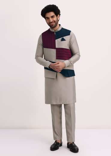 Multicolour Self Work Kurta Jacket Set
