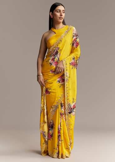 Mustard Crepe Saree With Floral Print And Mirror Border