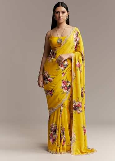 Mustard Floral Crepe Saree With Embroidered Scallop Border