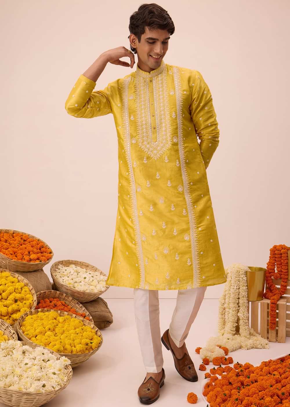 Mustard Yellow Silk Kurta Set In Resham Work For Men