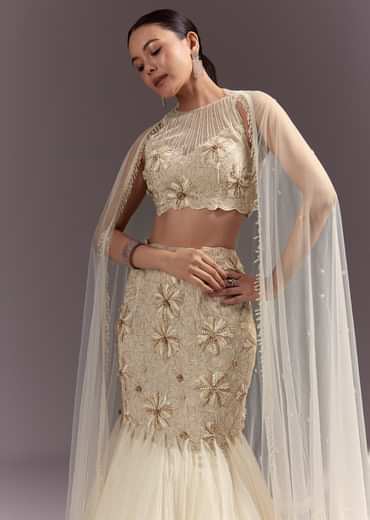 Off White Embroidered Blouse With Fish Cut Skirt And Dupatta