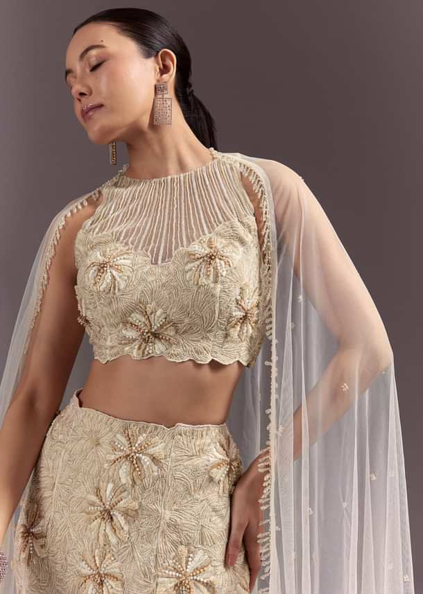 Off White Embroidered Blouse With Fish Cut Skirt And Dupatta