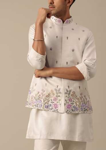 Off White Floral Embroidered Jacket Kurta Set