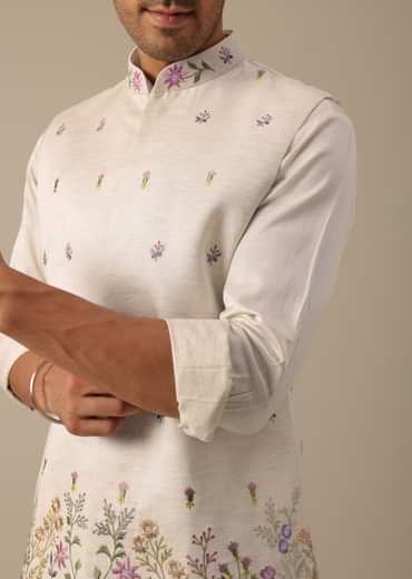 Off White Floral Embroidered Jacket Kurta Set