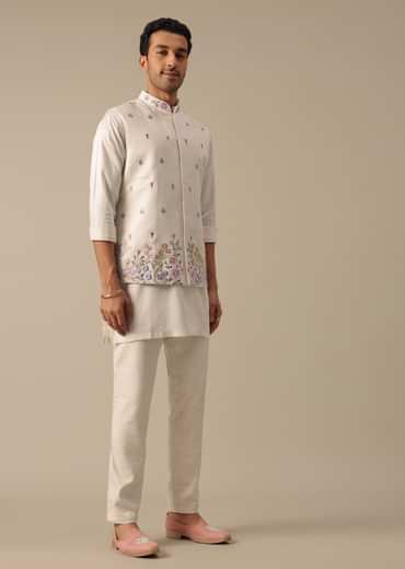 Off White Floral Embroidered Jacket Kurta Set