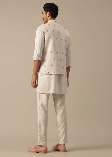 Off White Floral Embroidered Jacket Kurta Set