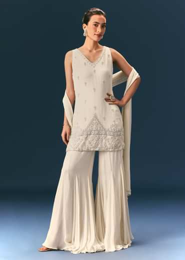 Off White Hand Embroidered Sharara Suit With Choker Dupatta