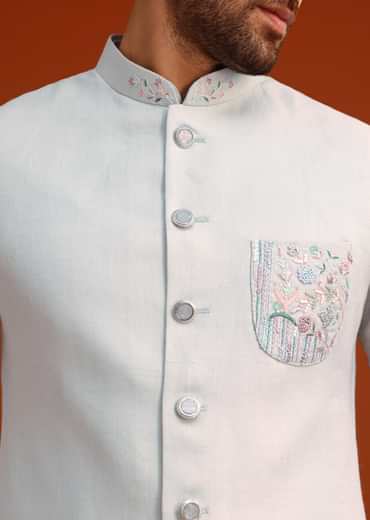 Sky Blue Linen Kurta Jacket Set With Resham Work