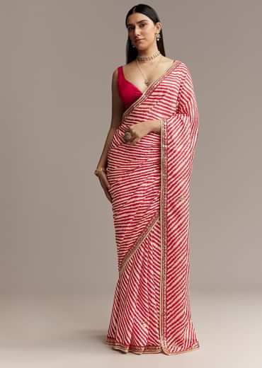 Off White And Red Striped Chinnon Saree With Gota Work