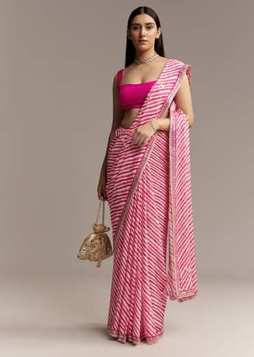 Off White Chinnon Saree With Pink Striped Print And Gota Detailing