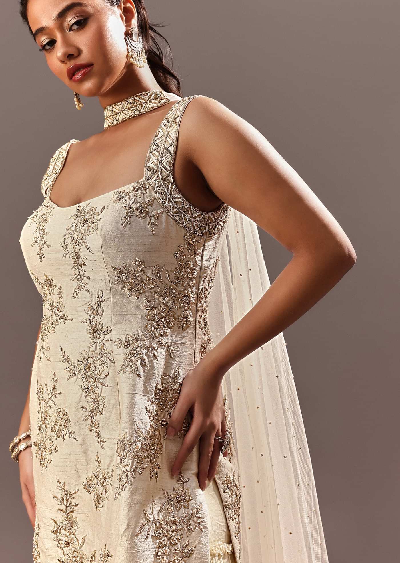 Off White Embroidered Kurta Sharara With Choker Dupatta